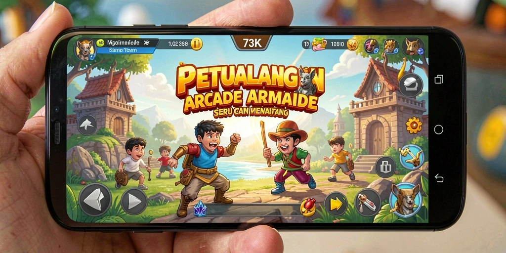 Screenshot gameplay dari 73K yang menampilkan karakter melawan rintangan.