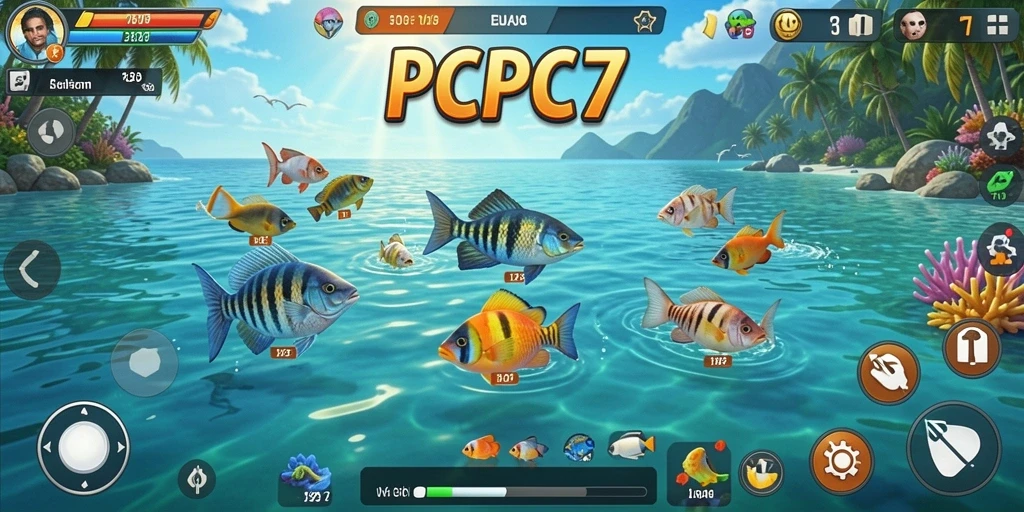 Tampilan gameplay seru dari PCPC7, menangkap ikan berwarna-warni.