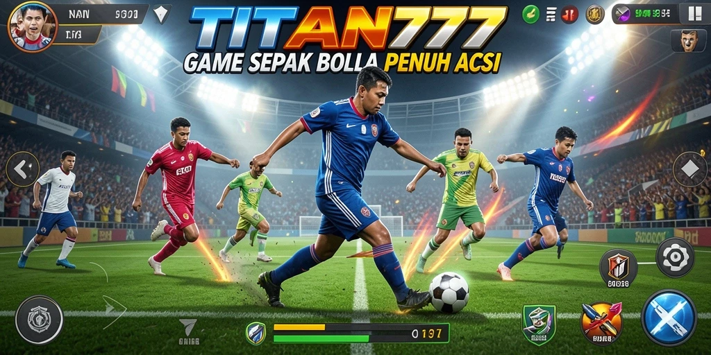 Tampilan gameplay seru dalam TITAN777 dengan aksi sepak bola intens.
